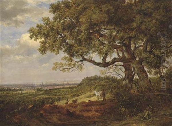 View Of Tonbridge From A Point Between Tonbridge And Tunbridge Wells, With Figures And A Horse In The Foreground Oil Painting by Patrick Nasmyth