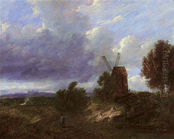 A Figure On A Country Road Before A Windmill Oil Painting by Patrick Nasmyth