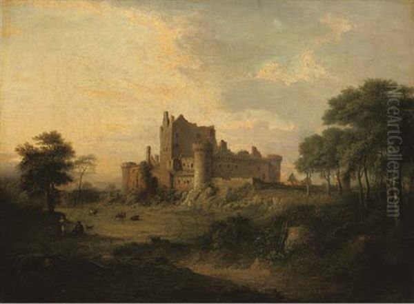 Castle Ruins In A Landscape With Figures And Cattle In The Foreground Oil Painting by Patrick Nasmyth