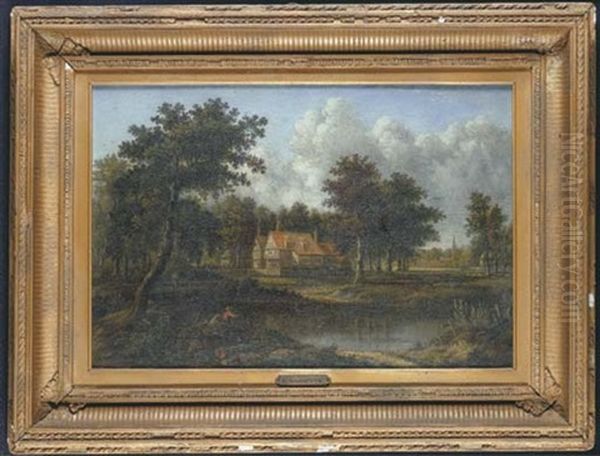 An Angler By A House In A Wooded River Landscape Oil Painting by Patrick Nasmyth