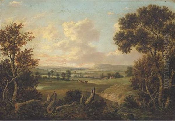 Figures Resting In An Extensive Landscape Oil Painting by Patrick Nasmyth