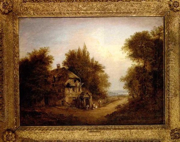 Washerwomen And Children Outside A House, A Coastal Landscape Beyond Oil Painting by Patrick Nasmyth