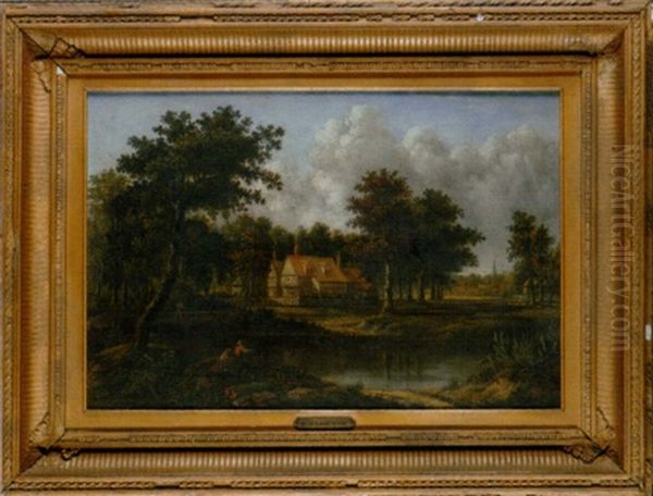 An Angler By A House In A Wooded River Landscape Oil Painting by Patrick Nasmyth