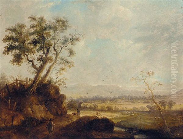 Figures In An Extensive Landscape Oil Painting by Patrick Nasmyth