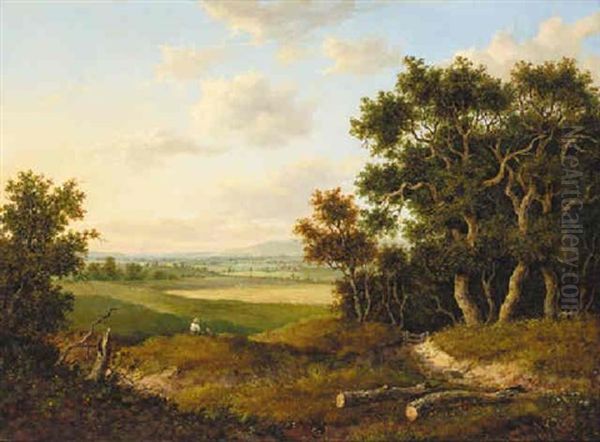 A Wooded Landscape With A Shepherd Looking Over His Flock Oil Painting by Patrick Nasmyth