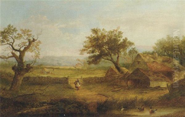 A Peasant Woman In A Farmyard, Ducks In A Pond In The Foreground Oil Painting by Patrick Nasmyth