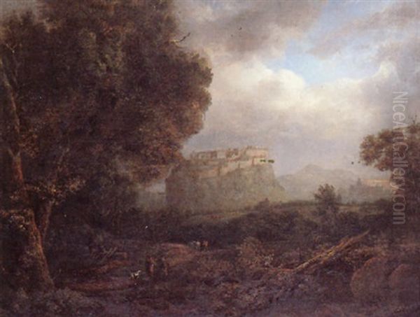 View To A Cliff-top Monastery Oil Painting by Patrick Nasmyth