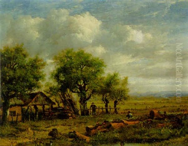 An Extensive Landscape With Woodmen In The Foreground Oil Painting by Patrick Nasmyth