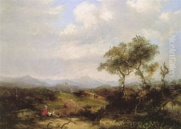 Pigures In A Landscape, A Castle Beyond Oil Painting by Patrick Nasmyth