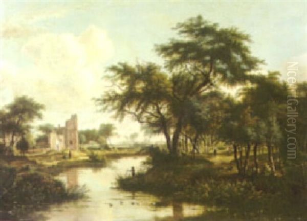 A Landscape With A Boy Fishing And Other Figures On The Banks With A House Beyond by Patrick Nasmyth