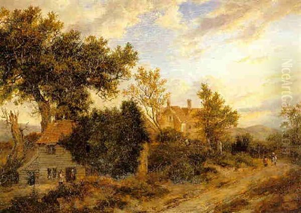 Travellers By Rural Buildings In Wooded Landscape Oil Painting by Patrick Nasmyth