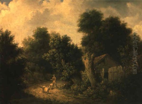 A Shepherd And Sheep On A Path Oil Painting by Patrick Nasmyth