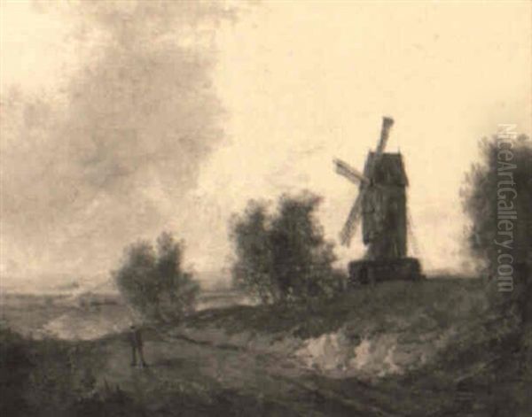 Figure Along Path With Windmill Oil Painting by Patrick Nasmyth