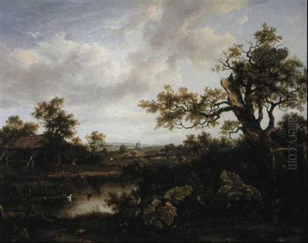 Landscape With A Pond And A Windmill In The Distance Oil Painting by Patrick Nasmyth