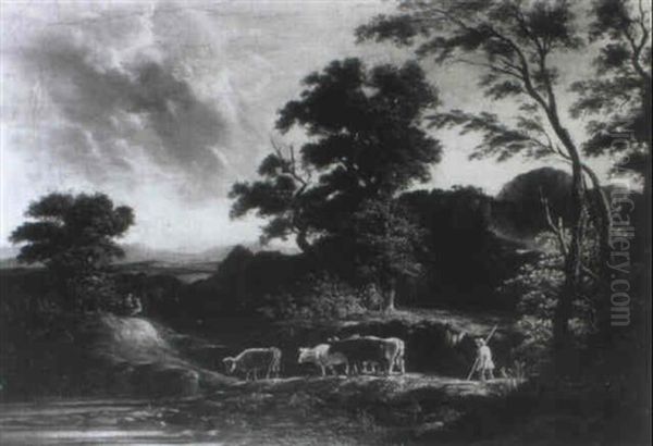 Wooded River Landscape With A Farmer Driving His Cattle Oil Painting by Patrick Nasmyth