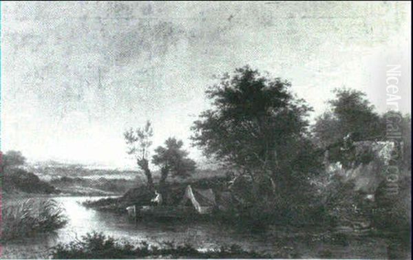 A River Landscape With A Figure In A Barge Oil Painting by Patrick Nasmyth