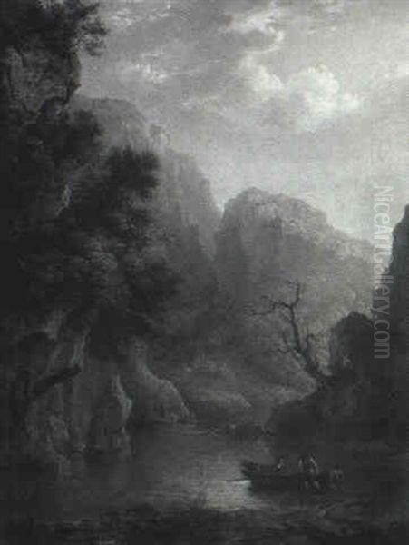 Boaters In A Mountainous Riverlandscape Oil Painting by Patrick Nasmyth