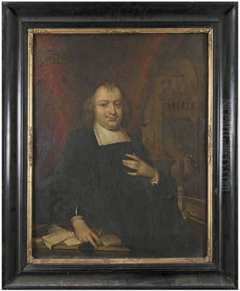 Portrait Of A Cleric, Half Length, In A Black Gown, The Background A View In Amsterdam Oil Painting by Pieter Nason