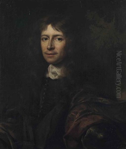 Portrait Of A Gentleman, Half-length, In A Brown Mantle And Black Waistcoat, A Landscape Beyond Oil Painting by Pieter Nason