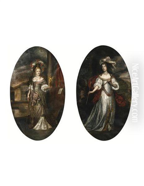 Portraits De Dame En Minerve, Portrait De Dame En Diane Chasseresse (pair) Oil Painting by Pieter Nason