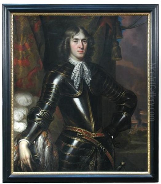 Portrait Of A Gentleman, Aged 23, Standing Half Length, In Cuirassier's Armour, His Right Hand Upon His Feathered Helmet Before A Gold And Red Curtain, A Battle In The Far Right Distance Oil Painting by Pieter Nason