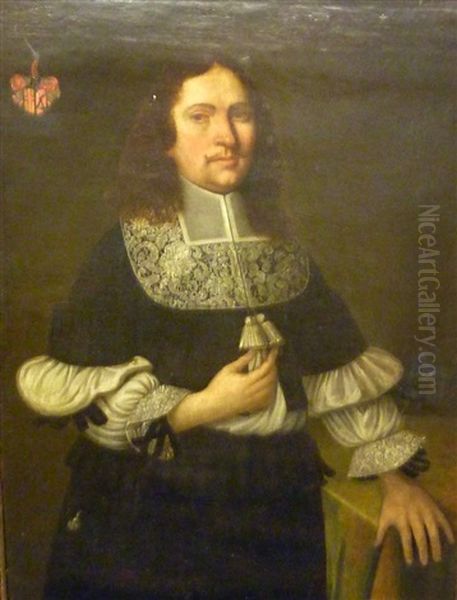 Half Length Portrait Of A Gentleman, Standing With Shoulder Length Hair, Moustache, Wearing A Flat Lace Collar, Tassles, Ruffled Sleeves Oil Painting by Pieter Nason