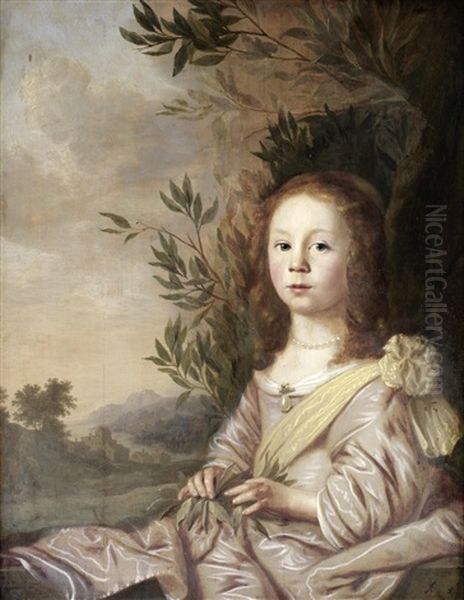 Portrait Of A Young Girl In A Pink Silk Dress And A Yellow Sash, Holding A Laurel Branch, Seated Before An Open Landscape Oil Painting by Pieter Nason