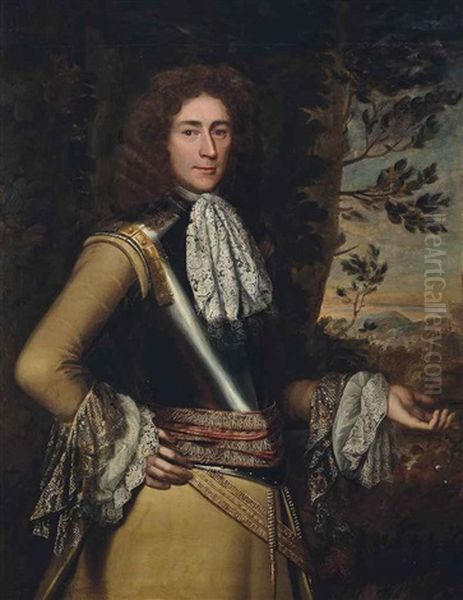 Portrait Of A Gentleman, Three-quarter-length, In A Breastplate, With A Lace Ruff And Cuffs, In A Landscape Oil Painting by Pieter Nason