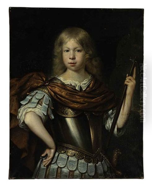 Portrait Of A Boy (willem Van Liere?) As Mars, In Classical Dress With A Cuirass, Sword And Halberd, In A Landscape Oil Painting by Pieter Nason