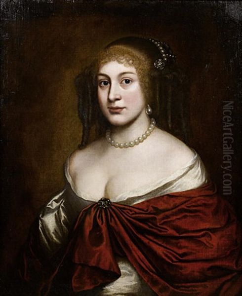 Portrait Of A Lady In A White Silk Dress, A Red Wrap And A Pearl Headdress Oil Painting by Pieter Nason