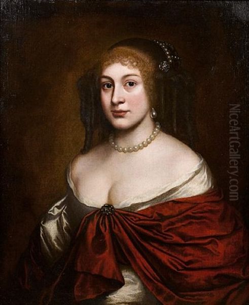 Portrait Of A Lady In A White Silk Dress, A Red Wrap And A Pearl Headdress Oil Painting by Pieter Nason