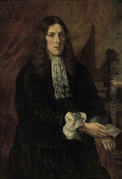 Portrait Of A Gentleman (james Cook?) In A Black Doublet And Pantaloons And A Lace Jabot Holding A Manuscript In His Right Hand, A Landscape Beyond Oil Painting by Pieter Nason