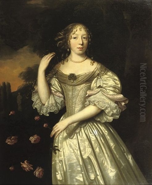 Portrait Of A Lady, In A Silver Silk Dress Decorated With Pearls, Standing In A Park Landscape Near A Bush Of Roses Oil Painting by Pieter Nason