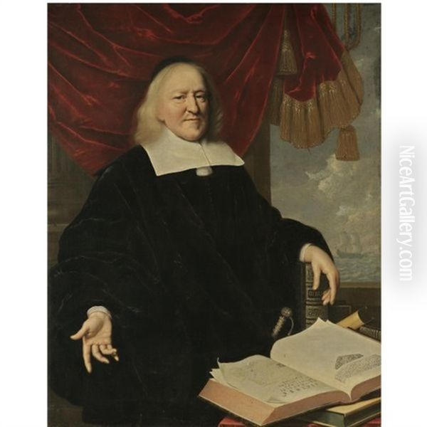 Portrait Of Hendrik Thibaut, Seated Before A Red Curtain Wearing Black, With His Left Hand Resting On A Copy Of The Bible And On A Table In Front Of Him An Open Copy Of Annales Et Histoires Des Troubl Oil Painting by Pieter Nason