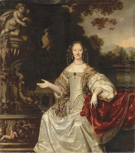 Portrait Of Cornelia Reynst, Seated, Three-quarter-length, In A White Silk Dress With A Gold-embroidered Shawl And Pearl Earrings, Necklace And Head-dress, In A Garden By A Fountain Oil Painting by Pieter Nason