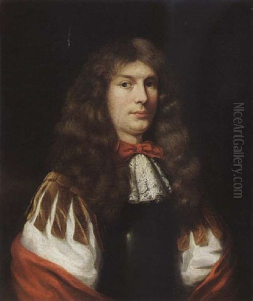 A Portrait Of A Young Gentleman Wearing A White Chemise And A White Lace Scarf Together With A Red Bow And Shawl Oil Painting by Pieter Nason