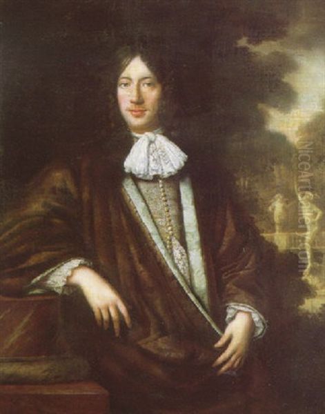 Portrait Of A Gentleman Wearing A Brown Robe Trimmed With Blue, A Lace Stock And Blue Waiscoat, His Arm Resting On A Plinth Oil Painting by Pieter Nason