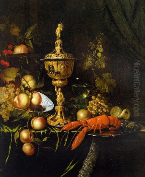 A Lobster On A Silver Dish, An Ornamental Gold Cup And Cover, Fruit In A Porcelain Bowl And On A Silver Tazza, On A Partly Draped Ledge Oil Painting by Pieter Nason