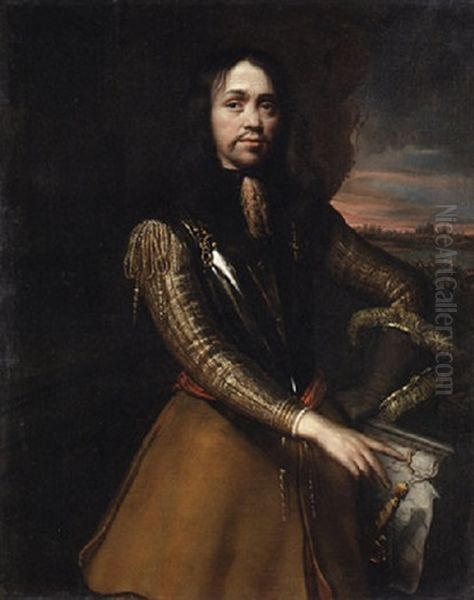 Portrait Of A Gentleman Wearing A Breastplate, A Landscape Beyond Oil Painting by Pieter Nason