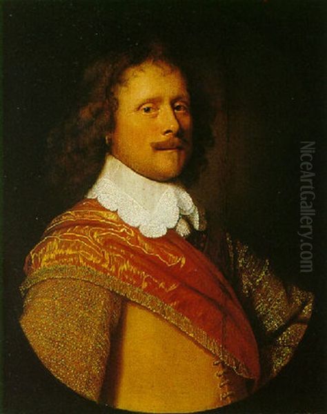 Portrait Of A Gentleman Wearing An Embroidered Doublet, A Red Satin Sash And A Lace-trimmed Collar Oil Painting by Pieter Nason