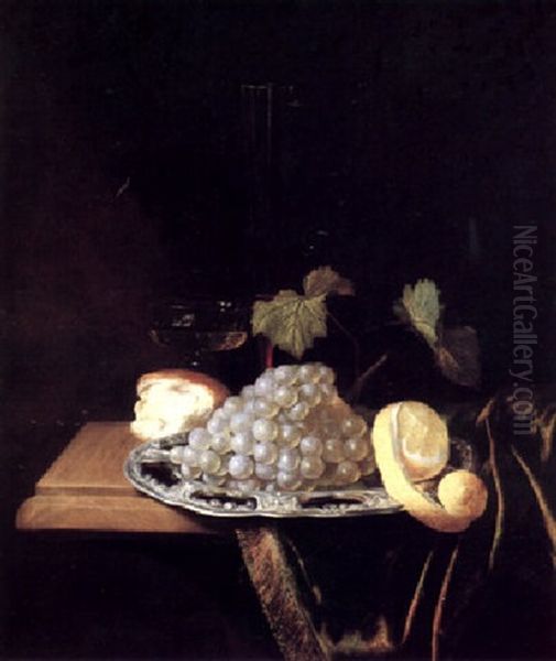 Still Life With Grapes And A Partially Peeled Lemon On A Silver Platter, Wine Glasses And A Bread Roll, All On A Draped Table Oil Painting by Pieter Nason