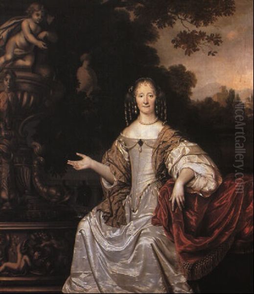 Portrait Of A Lady Seated On A Draped Terrace By A Fountain Oil Painting by Pieter Nason