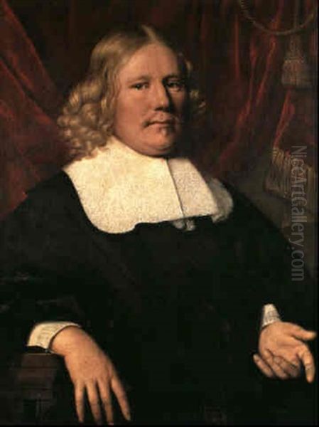 A Portrait Of A Man, Half Length, His Right Arm Resting On  A Stone Ledge Before A Drape With Tassled Edges Oil Painting by Pieter Nason