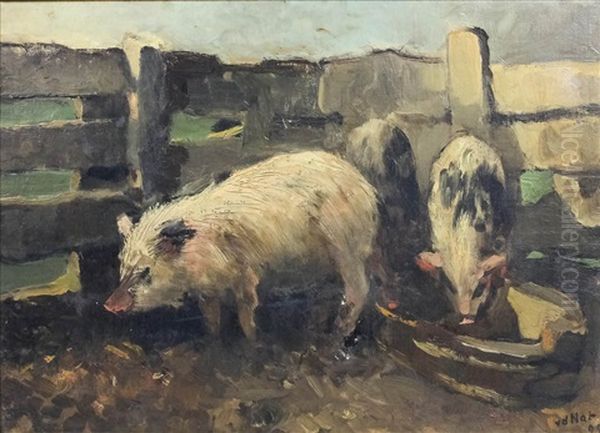 Three Pigs In A Sty Oil Painting by Willem Van Der Nat