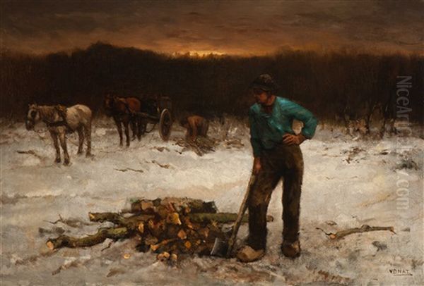 Woodcutters With Horse-drawn Cart In A Winter Landscape (1899) Oil Painting by Willem Van Der Nat