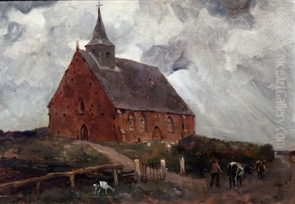 Boer Met Koeien Bij Kerk Oil Painting by Willem Van Der Nat