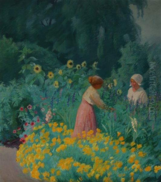 Two Women Picking Flowers Oil Painting by Max Nathan