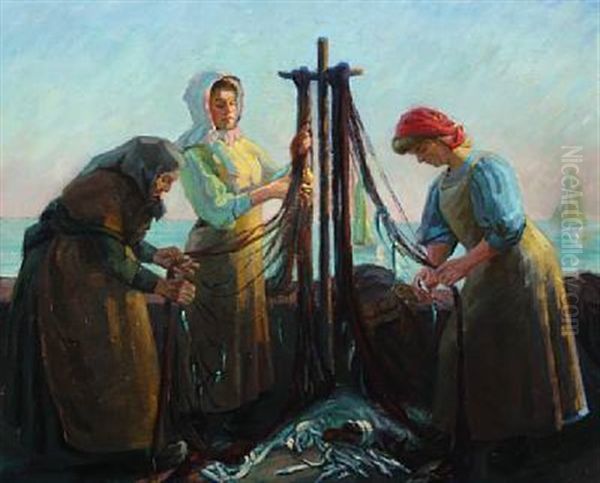 The Fishermen's Wives Doing The Net Oil Painting by Max Nathan