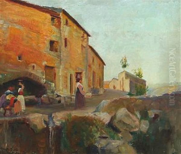 Scenery From Anticoli Corrado With Women Working Oil Painting by Max Nathan