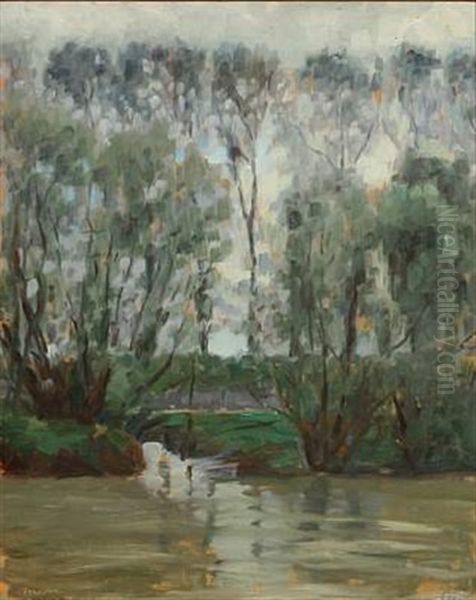 Tall Trees By A River Oil Painting by Max Nathan